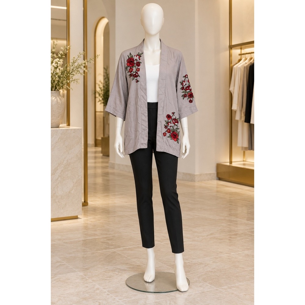 DG2 Diane Gilman Womens Jacket Floral Embroidered Tencel Open Front Gray XS